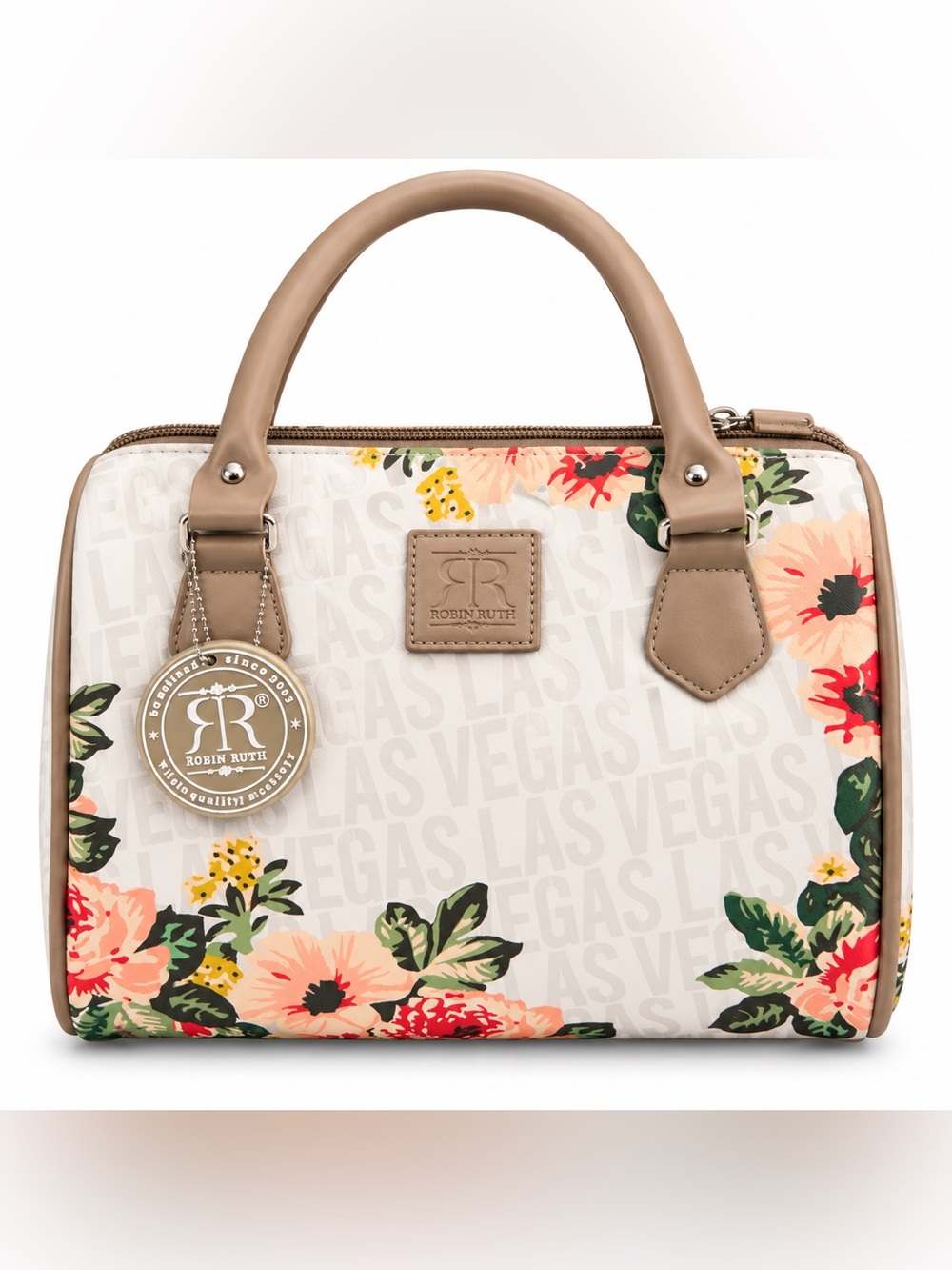 Robin Ruth Beige Floral Dome Satchel with Pink & Green Accents